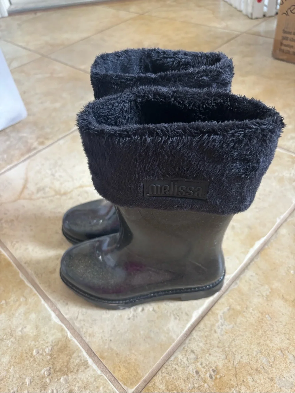Melissa Black Glitter Kids Rain Boots with Faux-Fur Cuff